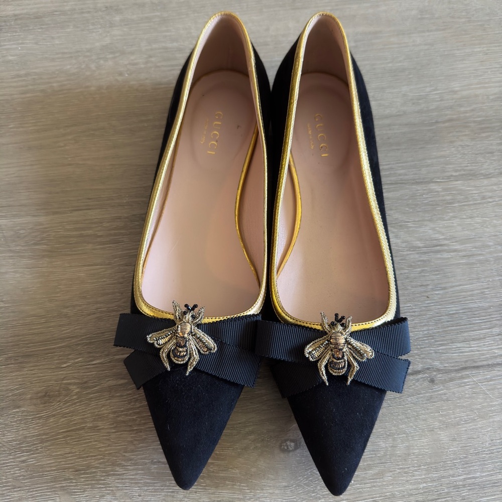 Gucci Black Flats with Gold Bee Embellishment